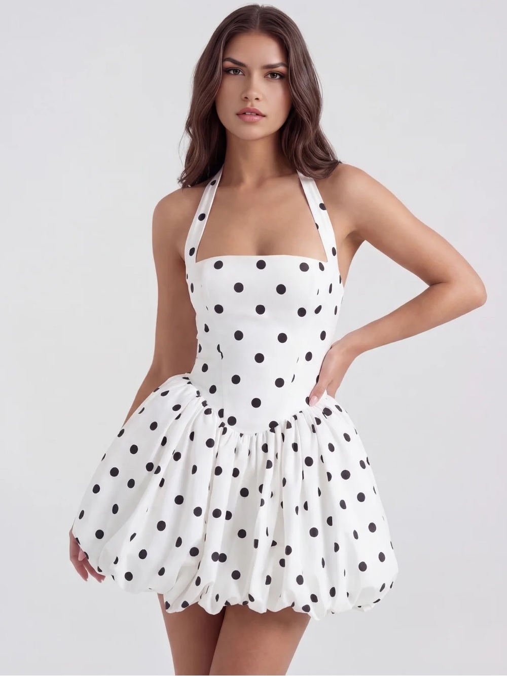 White Polka Dot Halter Bubble Dress